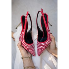 Laminta Tyra Kırmızı Taşlı Kadın Topuklu Ayakkabı