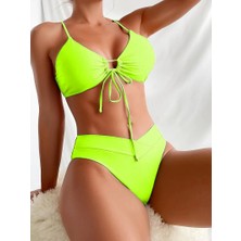 Hazelin Kadın Neon Yeşil Ip Detaylı Astarlı V Kesim Üçgen Bikini Takım HZL24S-LC2234