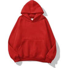 Yakamel Kadın Kırmızı Baskısız Kanguru Cepli Kapüşonlu 3 Iplik Şardonlu Sweatshirt