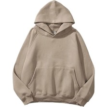 Yakamel Kadın Bej Baskısız Kanguru Cepli Kapüşonlu 3 Iplik Şardonlu Sweatshirt