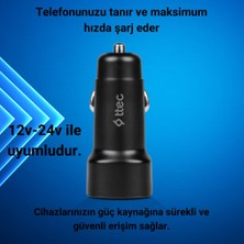 Ttec Süper Hızlı 3.1AMPER 1xusb ve 1x Type-C Araç Şarj Cihazı, 12/24V Çakmaklık Girişli Akım Korumalı