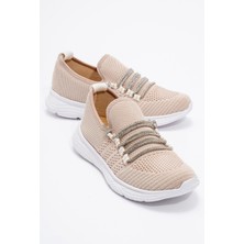 Ccway Kadın Taşlı Triko Ayakkabı Krem Beyaz