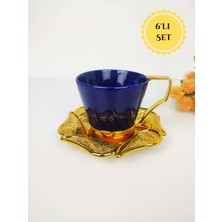 Inova Home Decor Azra Gold-Mavi Porselen Büyük Çay – Neskafe Fincan Takımı – 6 Kişilik