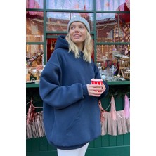 Yakamel Kadın Lacivert Kanguru Cepli Kapüşonlu 3 Iplik Şardonlu Oversize Sweatshirt