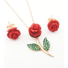 Pigado 925 Ayar Gümüş Yeşil Yapraklı Sedef Gül Kolye Küpe Seti Rose