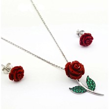 Pigado 925 Ayar Gümüş Yeşil Yapraklı Sedef Gül Kolye Küpe Seti