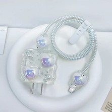 HappyCase  Apple iPhone 20W Uyumlu Şarj Başlık Kablo Koruyucu ve Spiral Kablo Koruyucu 3 Lü Incili Kalpli Set