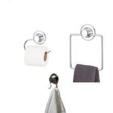 Evistro Hem Vakumlu Hem Vidalı Banyo Aksesuarı 3 Lü Set Kare Havluluk + Tuvalet Kağıtlığı + 2 Kancalı Havlu Askısı