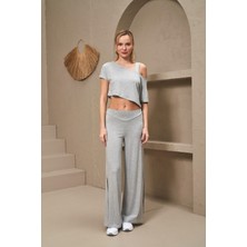 Pjs Pijama 25172 Kadın Kayık Yaka Yırtmaçlı Bol Paça Büstiyerli Üçlü Takım