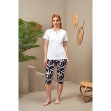 Pjs Pijama 25168 Kadın Kısa Kollu Düğmeli Desenli Kapri Takım
