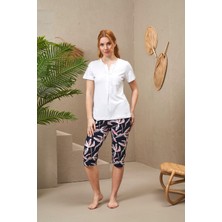 Pjs Pijama 25168 Kadın Kısa Kollu Düğmeli Desenli Kapri Takım