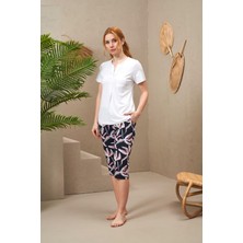 Pjs Pijama 25168 Kadın Kısa Kollu Düğmeli Desenli Kapri Takım