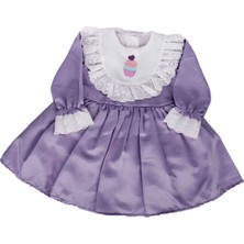 by BebekOdam Kız Çocuk Lila Ekru Fırfırlı Cupcake Nakışlı Uzun Kollu Elbise