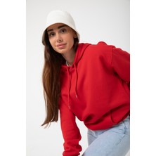 Yakamel Kırmızı Baskısız Kanguru Cepli Kapüşonlu 3 Iplikli Şardonlu Oversize Kadın Sweatshirt