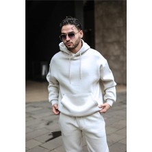 Yakamel Erkek Beyaz 3 Iplik Bol Kesim Kapşonlu Sweatshirt