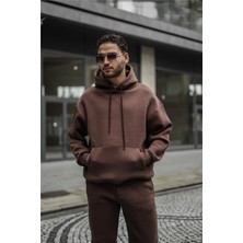 Yakamel Erkek Kahverengi 3 Iplik Bol Kesim Kapşonlu Sweatshirt