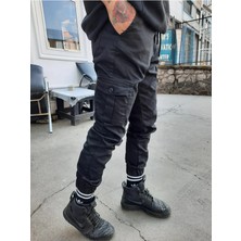 Tarz Cool Slim Fit None Denim Yandan Cepli Bel Bağcıklı, Paçaları Lastikli Esnek Kumaş Erkek Kargo Pantolon