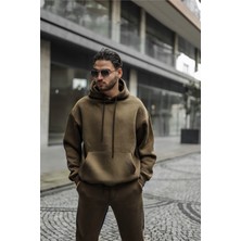 Yakamel Erkek Haki Yeşil 3 Iplik Bol Kesim Kapşonlu Sweatshirt