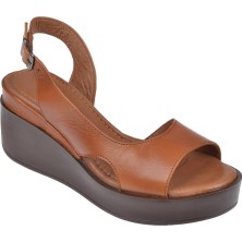 Pullman Hakiki Deri Platform Taban Kadın Sandalet BEL-1425   TABA