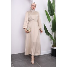 Bej Hakim Yaka Balon Kol Saten Abiye Elbise