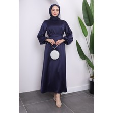 Lacivert Hakim Yaka Balon Kol Saten Abiye Elbise