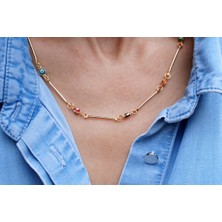 Plata Collection Çelik Gold Renkli Taşlı Kolye