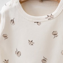 Miniropa Bebek Takımı Alt Üst Pamuk Baskılı Krem Bebek Takımı Fitilli Pamuklu Takım