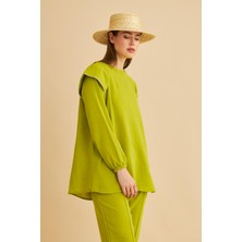 Basic Park Eles Omuz Taşlı Kolları Büzgülü Keten Olive Tunik Pantolon Takım