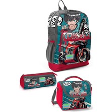 Coral High Kids Gri Nefti Anime Motorsiklet Desenli 3’lü Okul Çanta Seti SET0123764