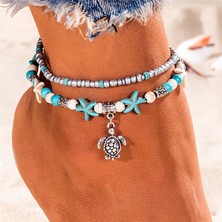 Mingming Shop F159 Vintage Deniz Kaplumbağası Starfell Boncuk Halhal Kadınlar Için Yeni Çok Katmanlı Halhal Bacak Bilezik El Yapımı Bohemian Takı (Yurt Dışından)