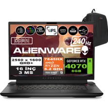 Dell Alienware M16 R1 Amd Ryzen 9 7845HX 64GB Ddr5 4tb SSD RTX4070-8GB 16 Inç 240Hz Qhd+ Windows 11 Pro Gaming Laptop AWM16AMDR9HX70WP06 + Zetta Çanta