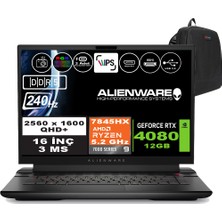 Dell Alienware M16 R1 Amd Ryzen 9 7845HX 96GB Ddr5 4tb SSD RTX4080-12GB 16 Inç 240Hz Qhd+ Windows 11 Home Gaming Laptop AWM16AMDR9HX80WH09 + Zetta Çanta