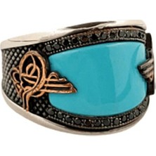 Gevherans Zirkon ve Turkuaz Taşlı Tuğra Figürlü Erkek Yüzüğü 150021829G21Y