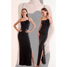 Straplez Yaka Gül Detay Tasarım Yırtmaçlı Mezuniyet&abiye&davet Elbisesi 42 - Siyah