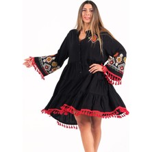 Keyifli Moda Kadın Siyah V Yaka Ispanyol Kol Nakışlı Püsküllü Kısa Elbise