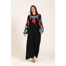 Keyifli Moda Kadın Siyah Sıfır Yaka Balon Kollu Çiçek Desenli Uzun Elbise