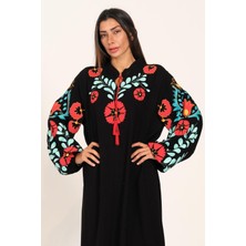 Keyifli Moda Kadın Siyah Sıfır Yaka Balon Kollu Çiçek Desenli Uzun Elbise