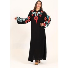Keyifli Moda Kadın Siyah Sıfır Yaka Balon Kollu Çiçek Desenli Uzun Elbise