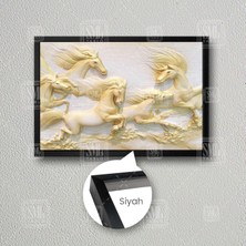 SML Tablo 3D Mermer Efektli Koşan Sarı Atlar Kabartma Alçı Çerçeveli Yatay Kanvas Tablo