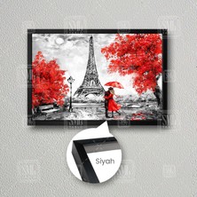 SML Tablo Yağlı Boya Efektli Eyfel Kulesi Sarılan Çift Kırmızı Şemsiye Paris Çerçeveli Yatay Kanvas Tablo