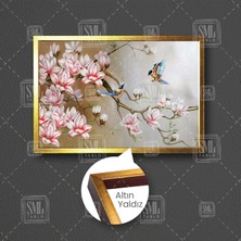 SML Tablo Dekoratif Yağlı Boya Efektli Çiçek Modern Dala Konmuş Kuş Çerçeveli Yatay Kanvas Tablo