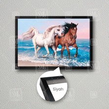 SML Tablo Sahilde Koşan Atlar Deniz Kumsal Hayvan Çerçeveli Yatay Kanvas Tablo