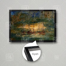 SML Tablo Kıyıya Vurmuş Gemiler ve Uçan Kuşlar Yağlı Boya Efektli Dekor Çerçeveli Yatay Kanvas Tablo
