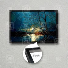 SML Tablo Ay Işığı Altındaki Göl Manzarası Yağlı Boya Efektli Yakamoz Yansıma Doğa Ağaç Çerçeveli Yatay Kanvas Tablo