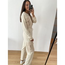 Myrum Butik Kemik Premium Paraşüt Cepli Crop Sweat M