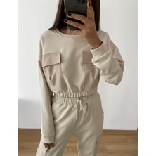Myrum Butik Kemik Premium Paraşüt Cepli Crop Sweat M