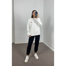 Myrum Butik Ekru Kalp Nakışlı Oversize Sweatshirt L