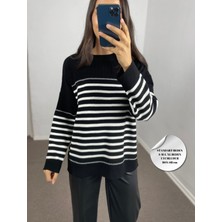 Myrum Butik Siyah Ekru Çizgili Oversize Kazak Standart