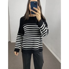 Myrum Butik Siyah Ekru Çizgili Oversize Kazak Standart
