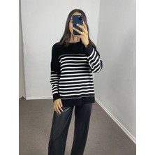 Myrum Butik Siyah Ekru Çizgili Oversize Kazak Standart
